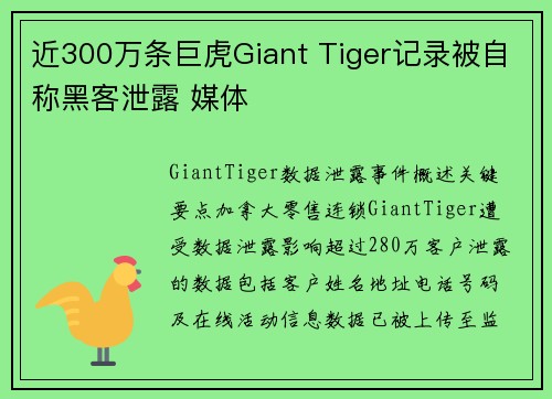 近300万条巨虎Giant Tiger记录被自称黑客泄露 媒体