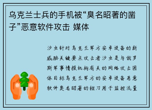 乌克兰士兵的手机被“臭名昭著的凿子”恶意软件攻击 媒体
